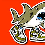 A cartoon-style shark wearing sneakers stands against a bright orange background, with colorful splatters on the side