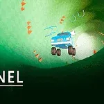 A colorful tunnel racing game scene featuring a blue car navigating through a green tunnel with traffic cones and directional arrows