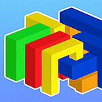 A three-dimensional arrangement of colorful rectangular blocks in red, yellow, green, and blue, positioned in a way that creates intriguing overlaps and connections against a light blue background