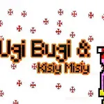 The image features two colorful, pixelated characters, one blue and one pink, both wearing festive hats, surrounded by snowflakes and the text Ugi Bugí & Kisiy Misiy in a playful font