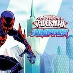 An animated depiction of a superhero resembling Spider-Man, featuring a dark costume with red accents and a skull emblem, set against a city skyline with a stylized logo reading Marvel Spider-Man Jumper