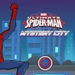 A cartoon depiction of Spider-Man striking a heroic pose against a city backdrop, featuring the title Marvel Ultimate Spider-Man: Mystery City above him