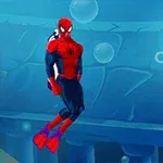 A cartoon depiction of Spider-Man wearing flippers and a diving mask, swimming underwater amidst bubbles and submerged ruins in a blue ocean setting