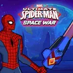 An illustrated Spider-Man stands ready for action, wielding a colorful sword, with the title Ultimate Spider-Man: Space War prominently displayed in a cosmic background