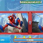 The image features a side-by-side comparison of two nearly identical illustrations of Spider-Man swinging through a cityscape, showcasing a game interface with a timer and score indicators below