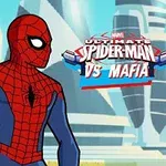 An animated Spider-Man stands prominently in front of a colorful, modern cityscape, with the title Ultimate Spider-Man vs Mafia displayed overhead