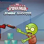 An animated image featuring Spider-Man using a weapon to confront a green zombie, with the title Ultimate Spider-Man Zombie Shooter displayed at the top