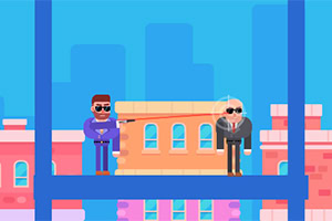 A cartoonish scene depicting a man in a purple outfit aiming a weapon at another man in a suit with sunglasses, set against a colorful city skyline