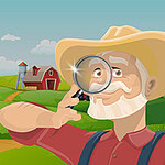 A cheerful farmer with a white beard and straw hat holds a magnifying glass, smiling against a backdrop of green hills and red barn buildings under a blue sky