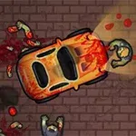 An overhead view of a blood-splattered orange car running over zombies, with severed limbs and a chaotic, grim environment depicted in a cartoonish style