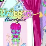 A colorful cartoon illustration featuring a girl with vibrant rainbow unicorn-themed hairstyles, wearing glasses and a casual outfit, with the text Unicorn Hairstyles in a playful font above her