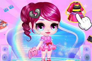 Cute pink-haired cartoon girl on a colorful stage with a hand selecting a bright fashion outfit