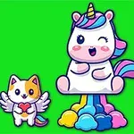 A colorful cartoon illustration featuring a cheerful unicorn surrounded by a cute winged cat and a grumpy unicorn, all set against a vibrant green background