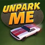 The image features a stylized logo for the game Unpark Me, showcasing a white car with red stripes, set against a green background