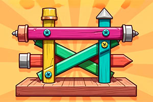 A colorful, abstract construction made of wooden planks in various colors, arranged in an interlocking pattern on a wooden base with a sunburst background