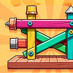 A colorful, abstract construction made of wooden planks in various colors, arranged in an interlocking pattern on a wooden base with a sunburst background