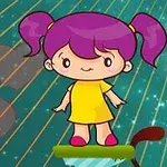 A cute cartoon girl with purple hair in pigtails stands on a green platform against a colorful, starry backdrop with heart shapes and diagonal lines