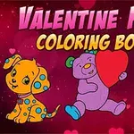 A colorful illustration featuring a spotted dog, a purple bear, and a blue mouse, all holding hearts, with the title Valentine Pets Coloring Book prominently displayed against a pink and red heart-themed background