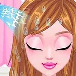 A digital illustration of a young woman with closed eyes, enjoying a hair wash, as water splashes over her long, brown hair in a bright, cheerful setting