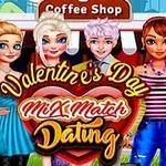 The image features four stylized characters in a colorful coffee shop setting, promoting a Valentines Day-themed game called Mix Match Dating, highlighted by a large heart-shaped graphic