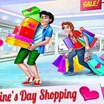 A vibrant illustration depicting a Valentines Day shopping scene, featuring a stylish woman with a pet, two young men carrying colorful shopping bags, and a cheerful mall atmosphere with heart motifs