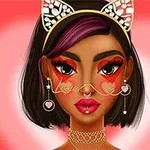 A stylish, digital portrait of a woman with colorful face paint, heart-shaped accessories, and cat-ear headband, set against a soft pink background, embodying a playful and romantic theme