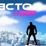 A silhouetted figure stands on a rooftop overlooking a cityscape, with the title VECTOR RUSH prominently displayed above in bold, stylized text against a bright sky