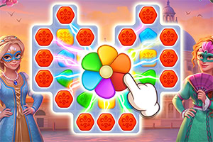 Colorful match‑tile puzzle grid with red heart icons and blue gems, a central multicolored flower power‑up being tapped by a hand cursor, and two masked women in period dresses on either side