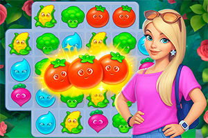 A young girl with blonde hair, wearing a pink shirt and sunglasses, stands next to a colorful grid filled with cheerful, cartoonish fruits and vegetables, including red tomatoes, green broccoli, and blue water droplets, highlighted by sparkling effects