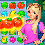 A young girl with blonde hair, wearing a pink shirt and sunglasses, stands next to a colorful grid filled with cheerful, cartoonish fruits and vegetables, including red tomatoes, green broccoli, and blue water droplets, highlighted by sparkling effects