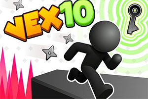 Black stick figure running on a platform toward a key, with VEX 10 text and green spiral background