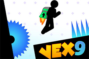 A silhouetted figure with a jetpack is mid-jump against a colorful background, featuring various obstacles like spikes and saw blades, with the bold text VEX 9 prominently displayed