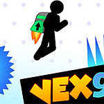 A silhouetted figure with a jetpack is mid-jump against a colorful background, featuring various obstacles like spikes and saw blades, with the bold text VEX 9 prominently displayed