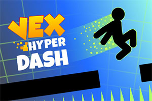 A silhouette of a character in mid-jump against a vibrant blue background, with bright yellow and white text overlay that reads VEX HYPER DASH, accompanied by a grid pattern and pixelated effects