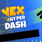 A silhouette of a character in mid-jump against a vibrant blue background, with bright yellow and white text overlay that reads VEX HYPER DASH, accompanied by a grid pattern and pixelated effects