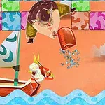 A colorful, animated scene featuring a strong character pouring blocks into a body of water, with a small boat and a dragon-like creature in a vibrant, stylized environment