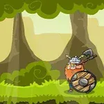 A cartoon-style Viking character with a shield and axe stands in a lush green forest, aiming at a red bullseye target hanging in the air