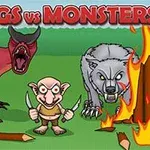 A whimsical scene featuring a goblin wielding knives, flanked by a fiery dragon and a fierce wolf, all set against a backdrop of flames and trees, with the bold text Vikings vs Monsters above