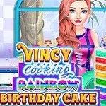 A colorful illustration featuring a young woman with long hair next to a vibrant, multi-layered rainbow birthday cake, accompanied by the text Vincy Cooking Rainbow Birthday Cake in a playful font