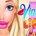 A cartoon-style image of a blonde character with oversized, glossy lips and blue eyes, featuring the text Vincy Lip Care in colorful, playful fonts