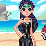 A girl with long purple hair wearing a black polka-dot dress poses on a beach, with a colorful scooter beside her and a tropical seaside landscape in the background