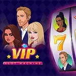 The image features a colorful graphic of a VIP-themed slot machine, showcasing cartoon characters and large 7 symbols, along with a bright star marked as WILD