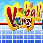 A vibrant and colorful graphic featuring the word Volleyball in playful lettering, accompanied by a volleyball and whimsical sea-themed elements like shells and starfish against a bright blue sky