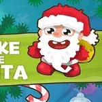 A cartoon-style Santa character with a cheerful expression stands next to the phrase WAKE THE SANTA, set against a festive background featuring candy canes and snowflakes