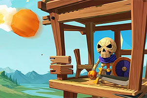 A wooden watchtower scene featuring a skeleton in armor, holding a shield and sword, against a colorful landscape with mountains and a bright sun