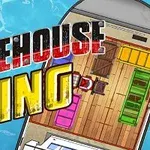 An animated graphic featuring the text WAREHOUSE KING above a colorful, detailed layout of a warehouse with various storage items, set against a turquoise water background