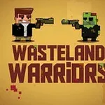 A pixelated game graphic featuring a tough-looking character with a gun facing off against a zombie, with the title Wasteland Warriors prominently displayed in bold letters on a sandy, desert-like background