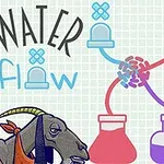 An animated scene featuring a character and a goat, illustrating water flow with colorful flasks and labeled arrows, emphasizing a scientific theme