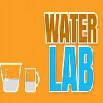 A colorful graphic featuring the text WATER LAB alongside four transparent measuring containers with varying levels of water on an orange background