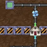 The image features a cartoonish underground layout with pipes, a house at the center, directional arrows, a fan, and yellow hazard blocks, suggesting a puzzle or simulation theme